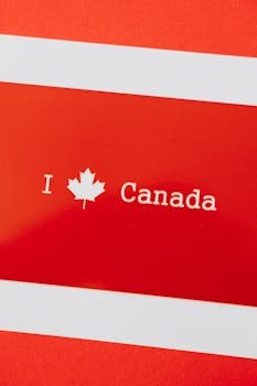 A red card with 'I Love Canada' featuring a maple leaf, symbolizing Canadian patriotism.